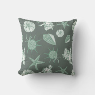 Cool Summer green seashells on medium green Cushion