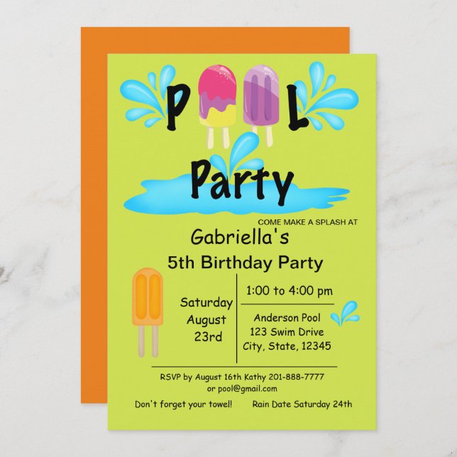 Cool Summer Sun Splash Pool Party Birthday Invitation (Front/Back)