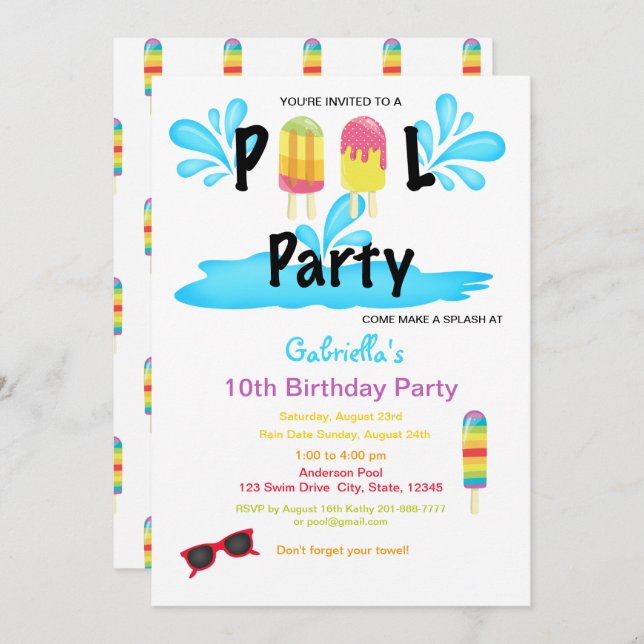 Cool Summer Sun Splash Pool Party Birthday Invitation (Front/Back)