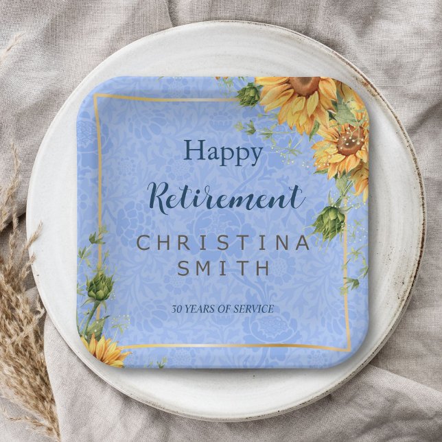 Cool Summer Sunflower Watercolor Retirement Party Paper Plate (Cool Summer Sunflower Watercolor Retirement Party)