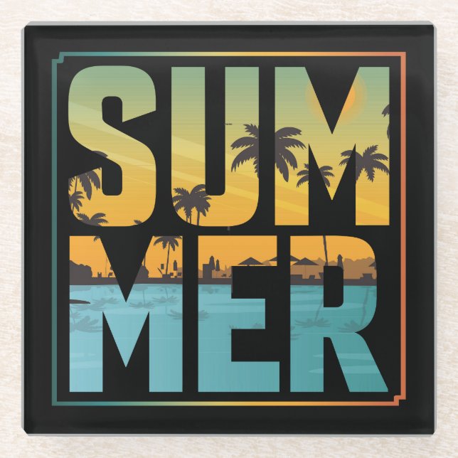 Cool Summer Vibes Palm Trees & Water Glass Coaster (Front)