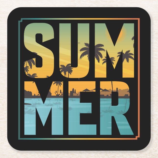 Cool Summer Vibes Palm Trees & Water Square Paper Coaster (Front)