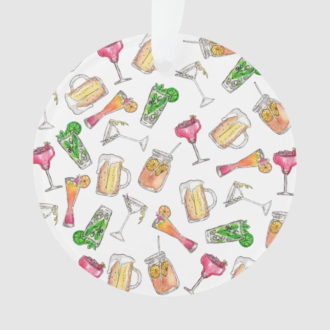 Cool Summer Watercolor Painted Mixed Drinks Patter Ornament (Front)