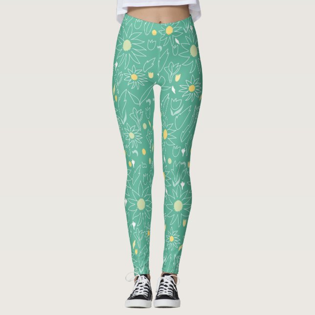 Cool Sunflower Doodle Floral Leggings (Front)