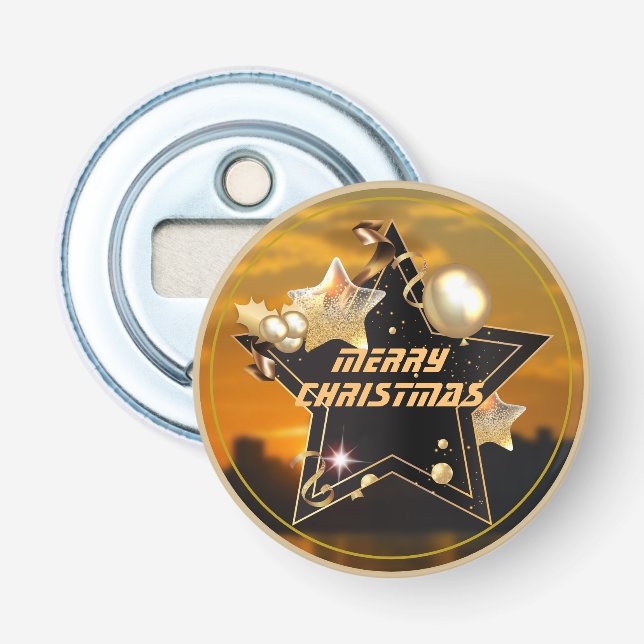 Cool Sunrise Gold Black Metallic Stars Merry Xmas Bottle Opener (Front)