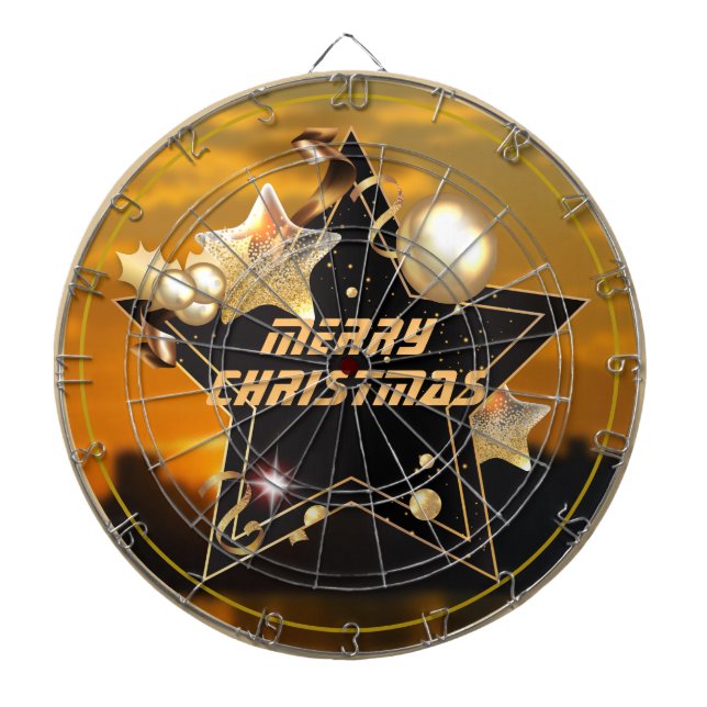 Cool Sunrise Gold Black Metallic Stars Merry Xmas Dartboard (Front)