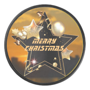 Cool Sunrise Gold Black Metallic Stars Merry Xmas Hockey Puck