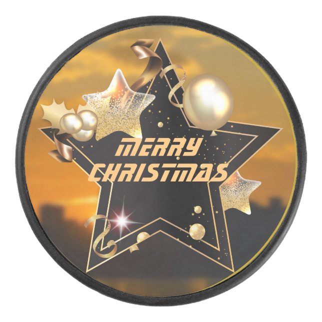 Cool Sunrise Gold Black Metallic Stars Merry Xmas Hockey Puck (Front)