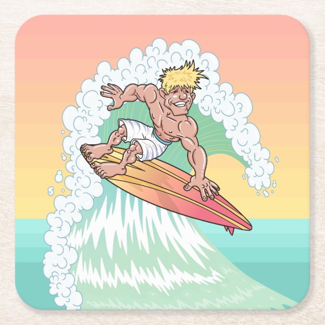 Cool Sunset Surfer Square Paper Coaster (Front)