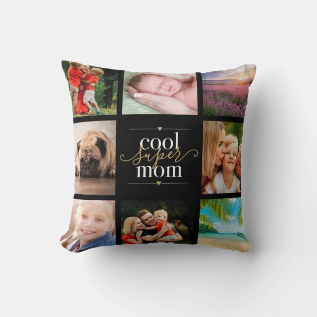 Cool Super Mum 8 Photo Collage Black And Gold Cushion (Front)