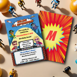 Cool Superhero Cartoon Modern Boy's Birthday Party Invitation