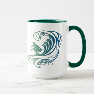 Cool Surfer Riding Teal Blue Ocean Waves Mug