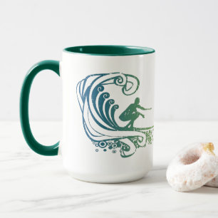 Cool Surfer Riding Teal Blue Ocean Waves Mug