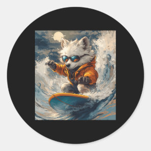 Cool Surfing Dog In Shades Riding Waves At Night D Classic Round Sticker