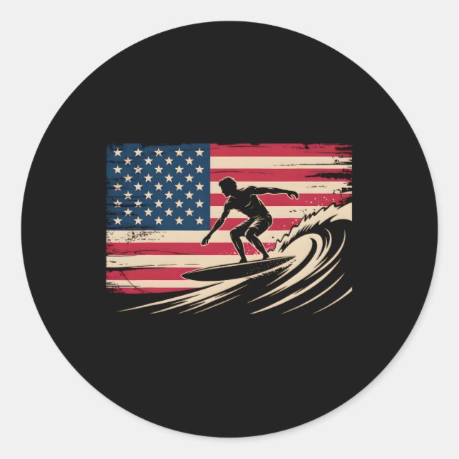 Cool Surfing For Men Women 4th Of July American Fl Classic Round Sticker (Front)