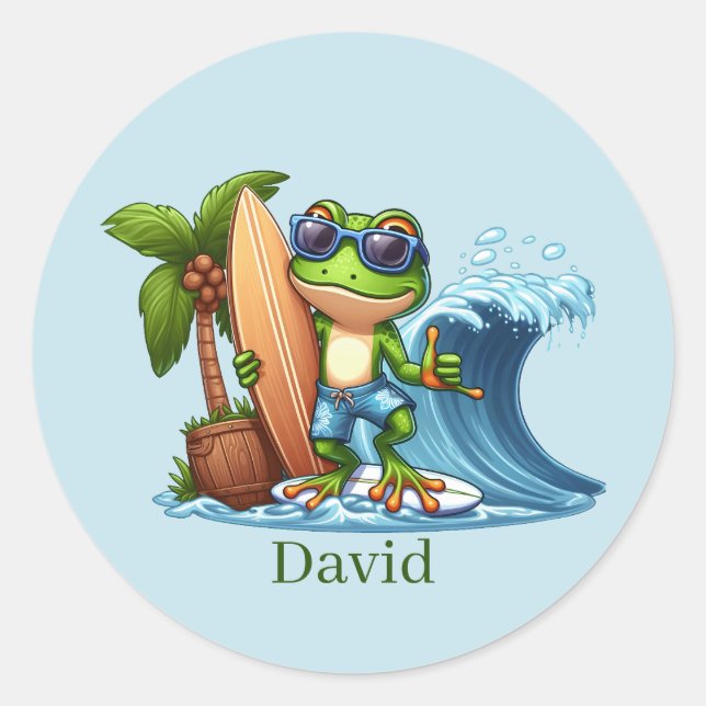 Cool surfing frog add name  classic round sticker (Front)