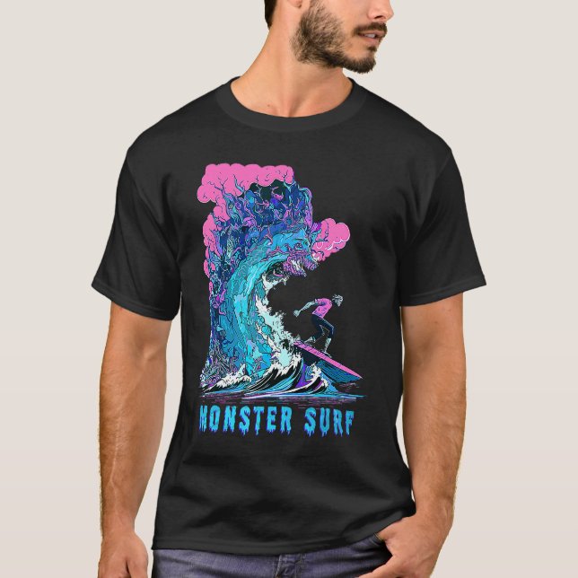Cool Surfing Monster Surf Hang Ten Riding Big Wave T-Shirt (Front)
