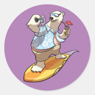 Cool Surfing Polar Bear with Cocktail Cartoon Classic Round Sticker