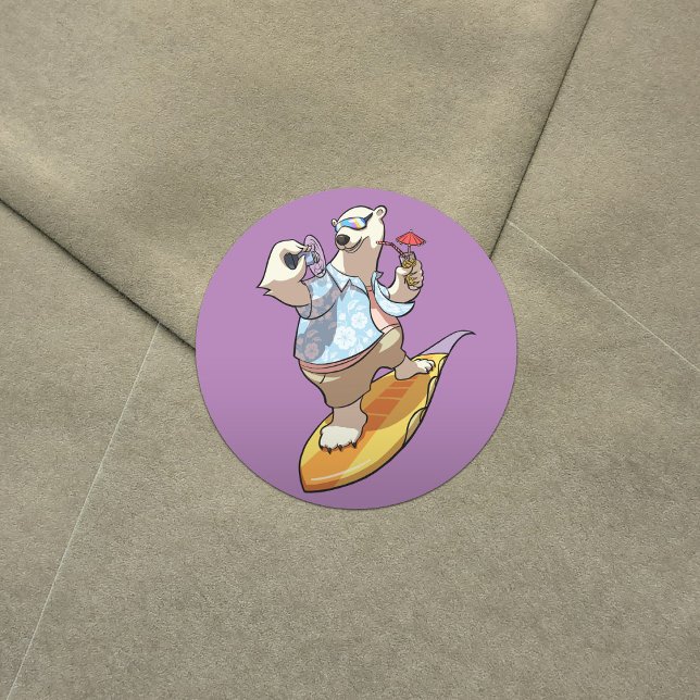 Cool Surfing Polar Bear with Cocktail Cartoon Classic Round Sticker (Creator Uploaded)