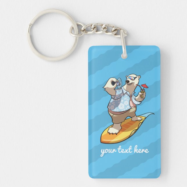 Cool Surfing Polar Bear with Cocktail Cartoon Key Ring (Front)