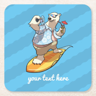 Cool Surfing Polar Bear with Cocktail Cartoon Square Paper Coaster