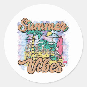 Cool surfing skeletons Summer vibes word art Classic Round Sticker