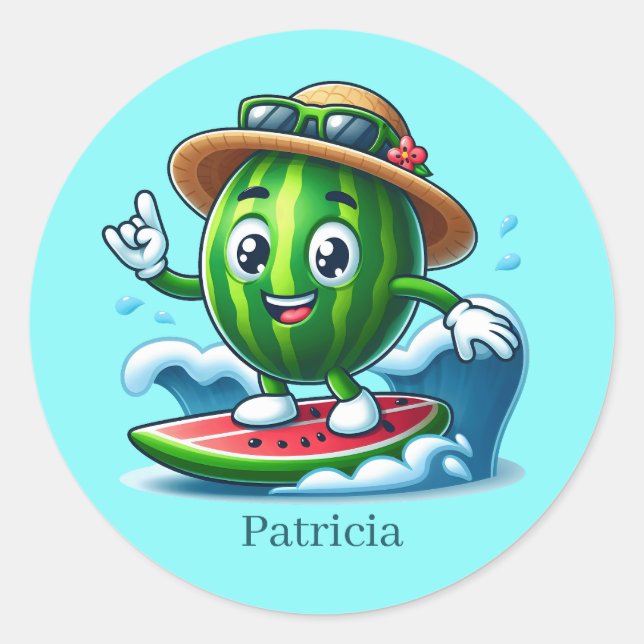 Cool surfing watermelon add name classic round sticker (Front)