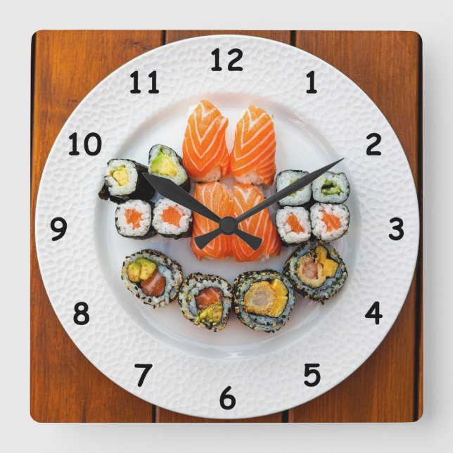 Cool Sushi and Salmon on a White Plate Square Wall Clock (Front)