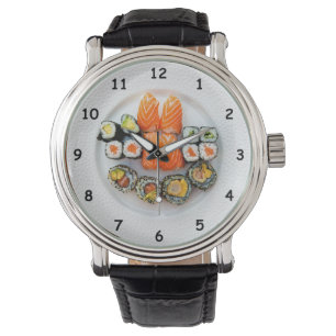 Cool Sushi and Salmon on a White Plate Watch