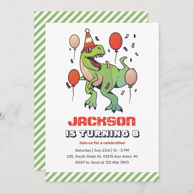 Cool T-Rex Dinosaur Kids Birthday Party Invitation (Front/Back)