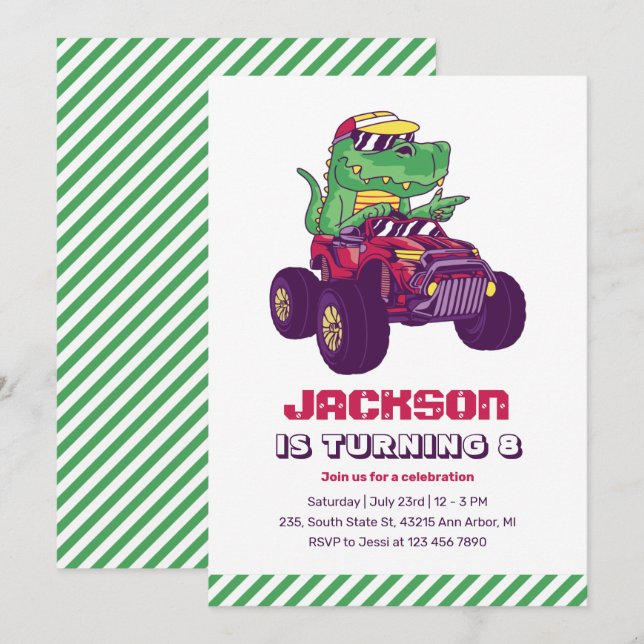 Cool T-Rex Monster Truck Dinosaur Kids Birthday Invitation (Front/Back)