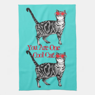 Cool Tabby Cat Sunglasses Aqua Kitchen Tea Towel