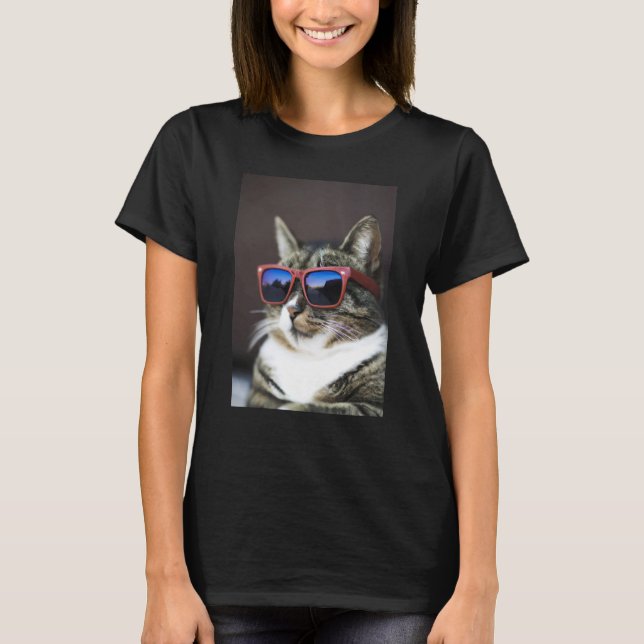 Cool Tabby Cat Wearing Sunglasses T-Shirt (Front)