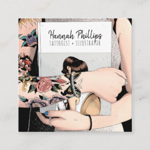 Cool tattoo girl illustration trendy script black square business card