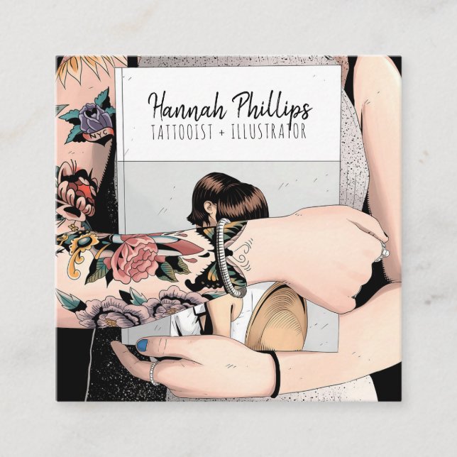 Cool tattoo girl illustration trendy script black square business card (Front)