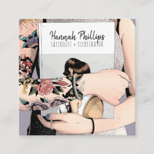 Cool tattoo girl illustration trendy script purple square business card