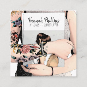 Cool tattoo girl illustration trendy script white square business card