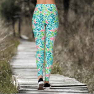 Cool Teal Floral Botanical Watercolor Pattern Leggings