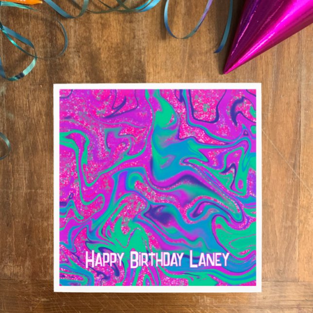 Cool Teal Purple Glitter Girl Birthday Slime Party Napkin (Custom Happy Birthday bright pink teal swirl napkins. Unique cool slime party glitter design
)