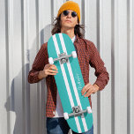 Cool Teal White Racing Stripes Skater Monogram Skateboard<br><div class="desc">Create your own custom, personalised, modern, cool, stylish, turquoise teal and white racing stripes, classy elegant typography script, best quality hard-rock maple competition shaped skateboard deck. To customise, simply type in your name / monogram / initials. While you add / design, you'll be able to see a preview of your...</div>