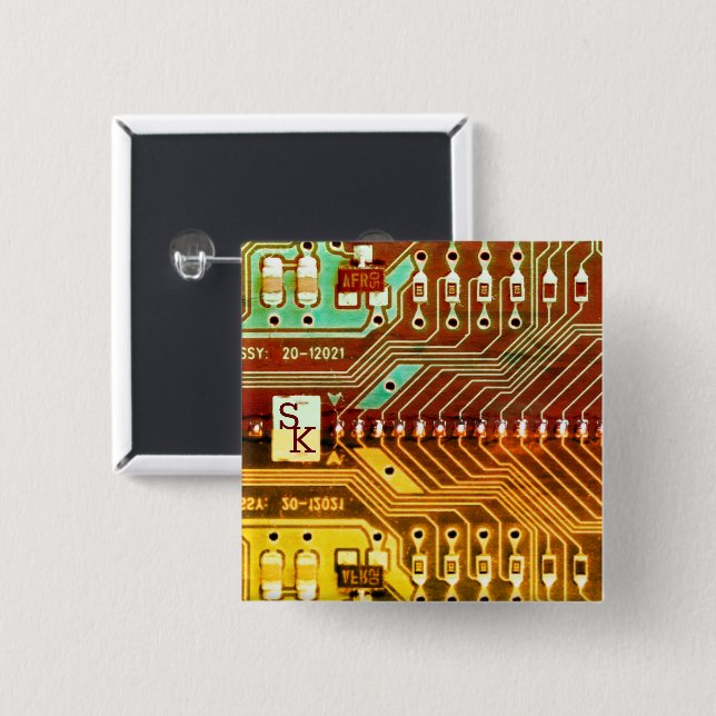   Cool Teal Yellow Unique Retro Steampunk Monogram 15 Cm Square Badge (Front & Back)