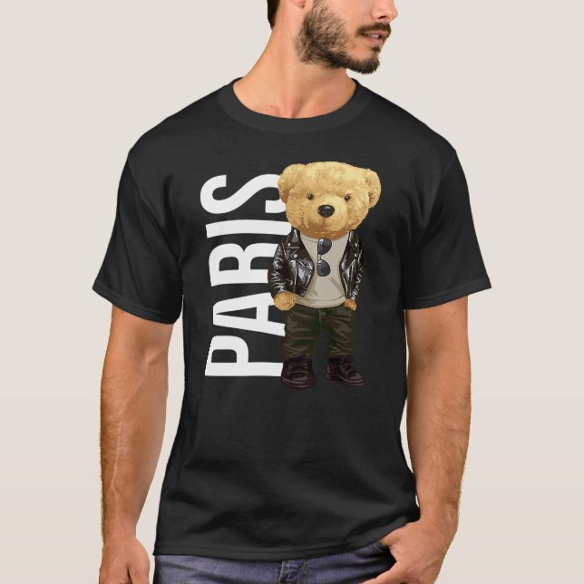 Cool Teddy Bear in Paris France Illustration Graph T-Shirt (Front)