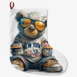 Cool Teddy Bear in Sunglasses and a New York Shirt Large Christmas Stocking