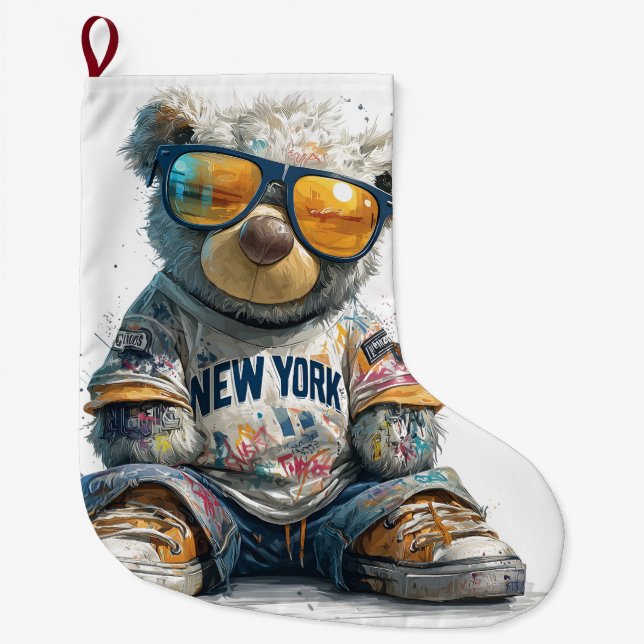 Cool Teddy Bear in Sunglasses and a New York Shirt Large Christmas Stocking (Front)