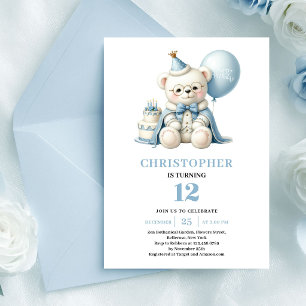 Cool teddy bear prince dusty blue boy birthday invitation