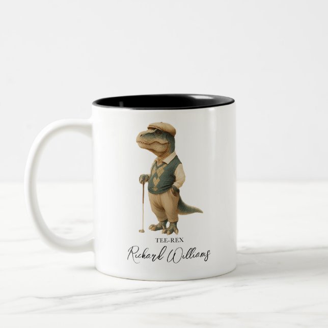 Cool Tee-Rex Golfer Dinosaur Signature Name Two-Tone Coffee Mug (Left)