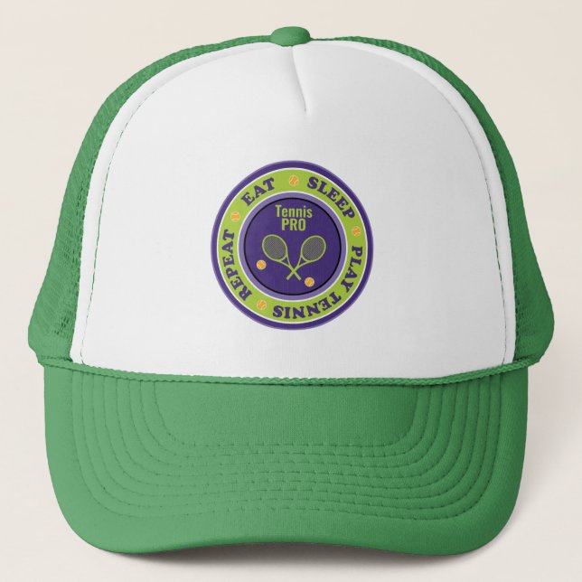 Cool tennis slogan, purple and green trucker hat (Front)