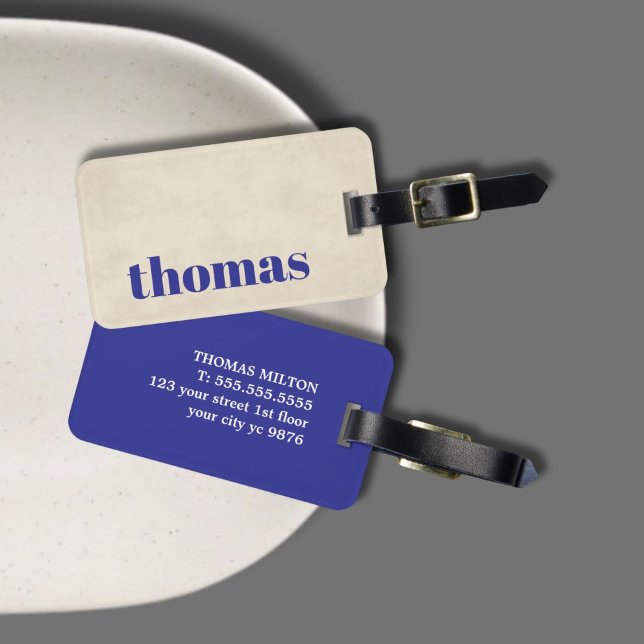 Cool Texture Beige Bold Blue Name Luggage Tag (Creator Uploaded)