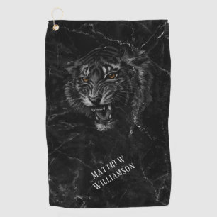 Cool Tiger Black Marble Background Monogram Golf Towel