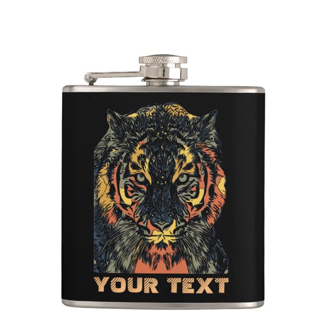 Cool Tiger Face Art Add Your Own Text Hip Flask (Front)